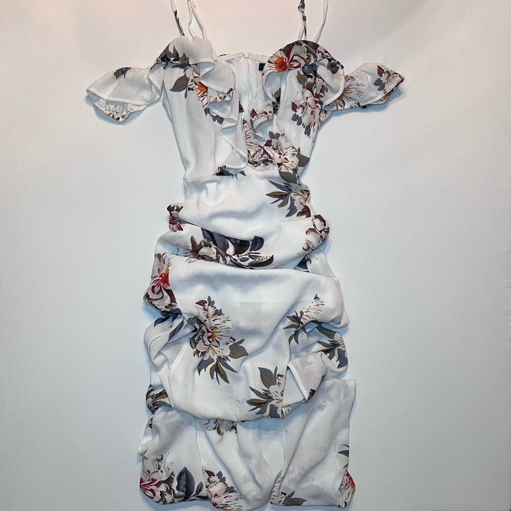 Women’s CALS White Multicolor Floral Off-Shoulder Ruffle Maxi Dress Leg Slit S